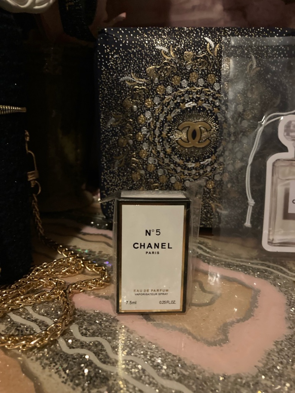 CHANEL  Navy Blue and Gold Glitter Crossbody with Camellia Charm, perfume bundle - Picture 5 of 7